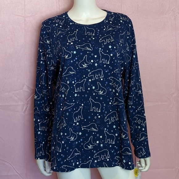 Sleep Sense Blue Polar Bears and Stars Print Long Sleeve Christmas Pajama Top - Picture 1 of 7